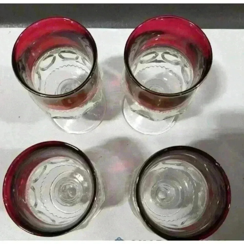Vintage Tiffin Co Cranberry Kings Crown Glass Goblet & Lunch Plates Set Of 8 - Picture 2 of 6